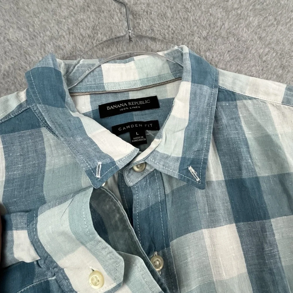 Banana Republic Shirt Mens Large Camden Fit Linen Button Down Blue Plaid Summer